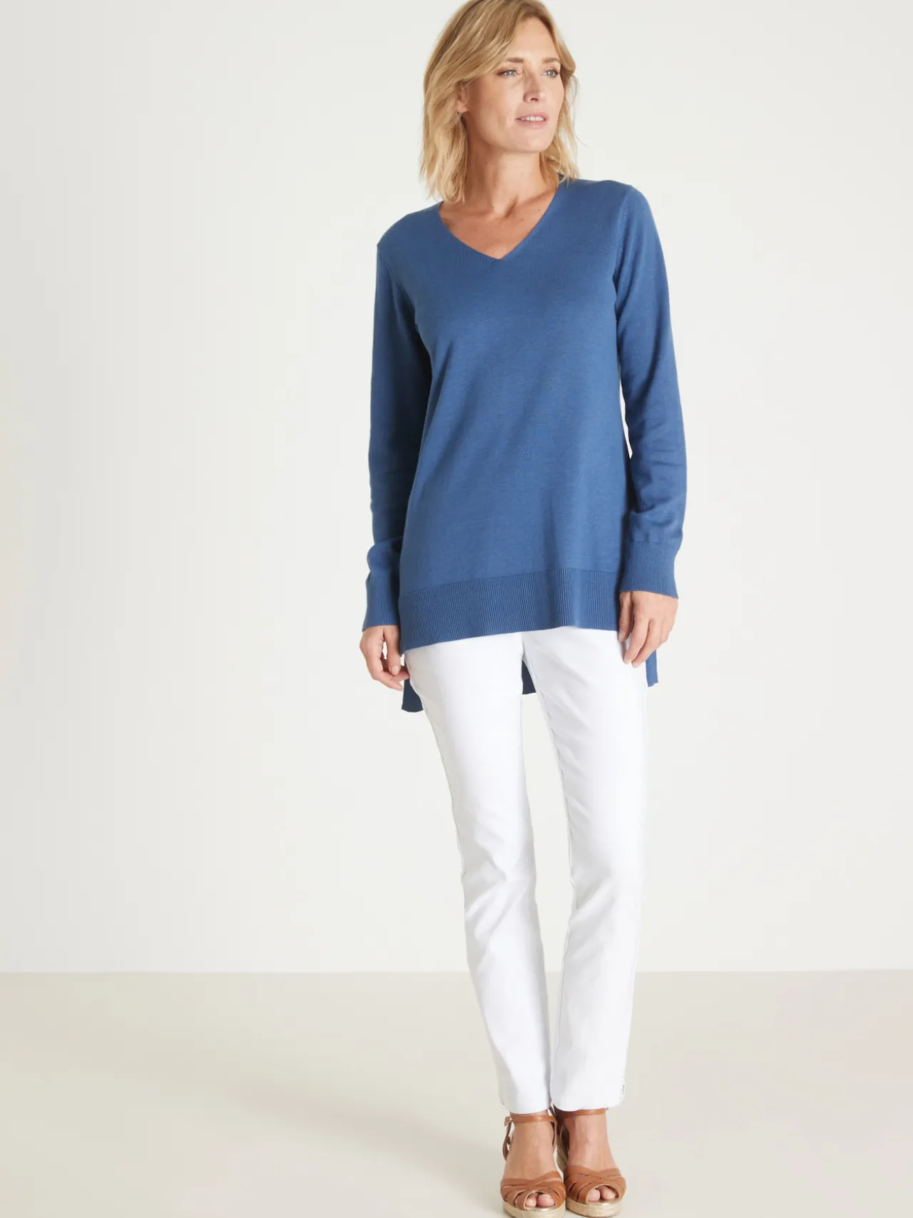 Pull tunique maille fine col V