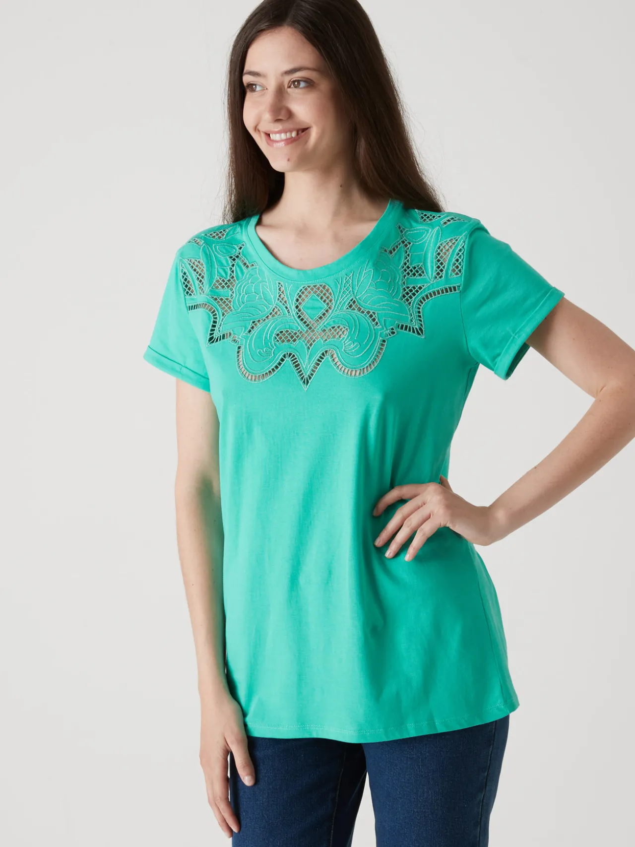 Tee-shirt coton à broderies ajourées